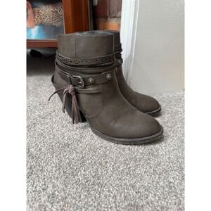 POP Womens Ankle Boots Olive Brown Western Strappy Fringe Tassel Booties 7M